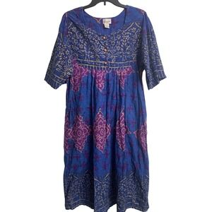 Sante Classics Blue Purple Cotton Artsy‎ Midi Dress  L  Boho Coastal